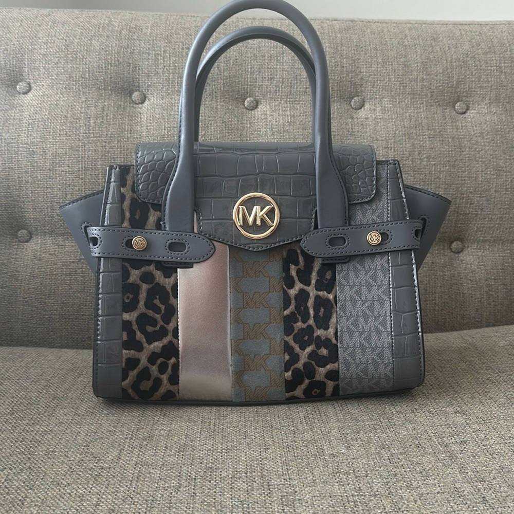 Michael Kors Medium Carmen Leopard Print Logo Satchel Crossbody Bag Leather
